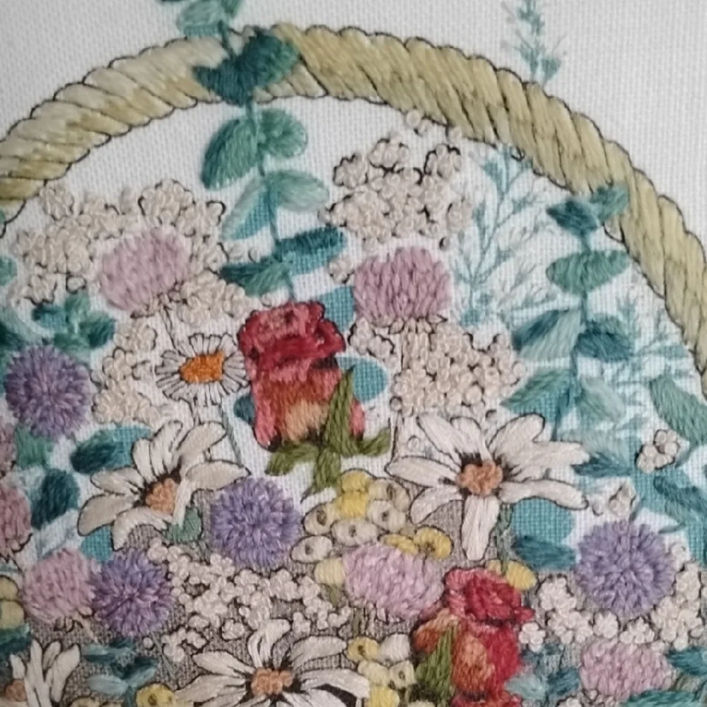 . Vintage Embroidery Framed Floral Wall Art - Flower Basket, Pink Mat, Wood